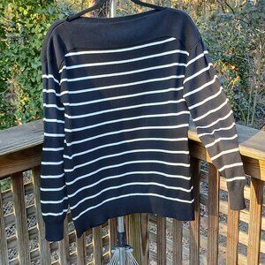 Chaps Black & White Striped Boat Neck Cotton Blend Pullover Sweater Sz S